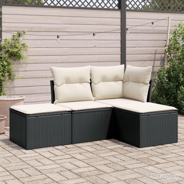Salon de jardin 4 pcs avec coussins noir r�sine tress�e