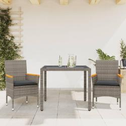 Ensemble &agrave; manger de jardin et coussins 3 pcs gris rotin verre