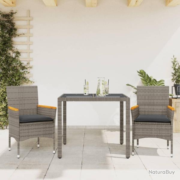 Ensemble � manger de jardin et coussins 3 pcs gris rotin verre