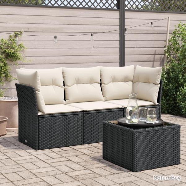 Salon de jardin 4 pcs avec coussins noir r�sine tress�e