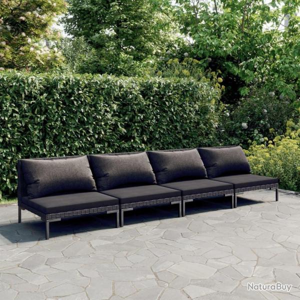Salon de jardin 4 pcs avec coussins R�sine tress�e Gris fonc�