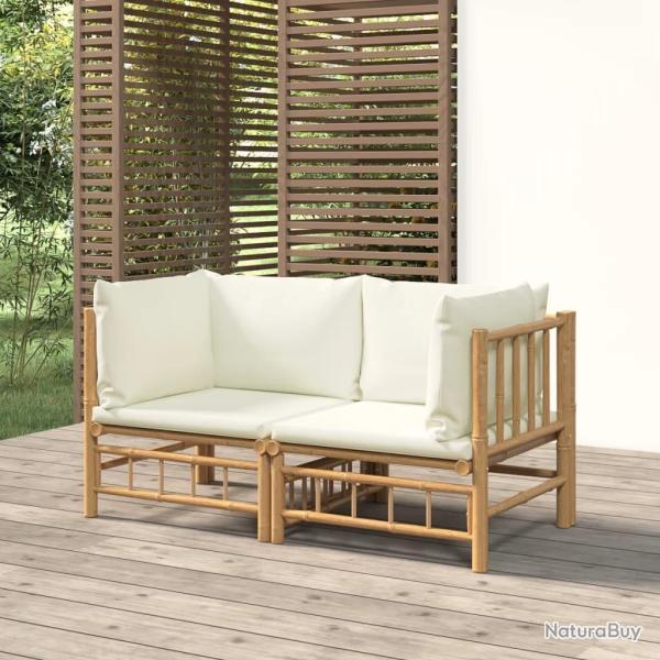 Canap�s d'angle de jardin avec coussins blanc cr�me 2pcs bambou
