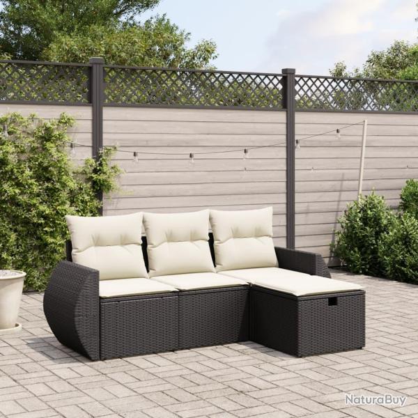 Salon de jardin 4 pcs avec coussins noir r�sine tress�e