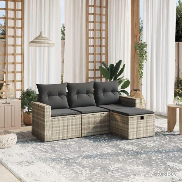 Salon de jardin 4 pcs avec coussins gris clair r�sine tress�e
