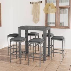 Ensemble de bar de jardin 7 pcs et coussins R&eacute;sine tress&eacute;e Gris