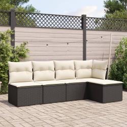 Salon de jardin 5 pcs avec coussins noir r&eacute;sine tress&eacute;e