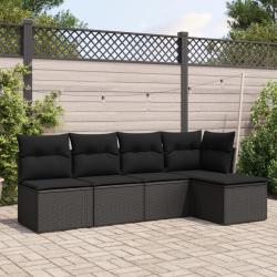 Salon de jardin 5 pcs avec coussins noir r&eacute;sine tress&eacute;e