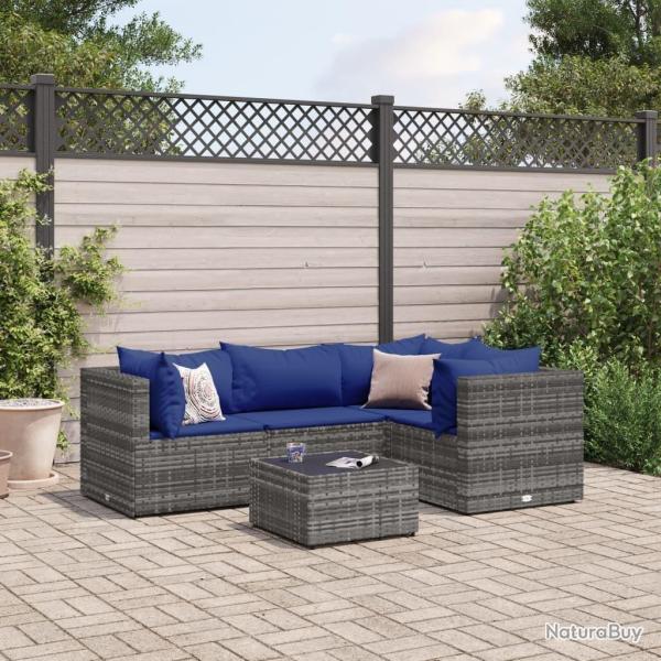 Salon de jardin 5 pcs avec coussins Gris R�sine tress�e alsavelo