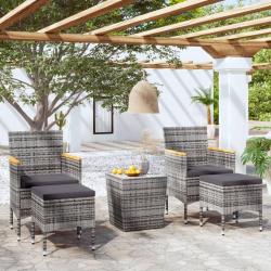 bistro jardin 5pcs R&eacute;sine tress&eacute;e verre tremp&eacute; Gris