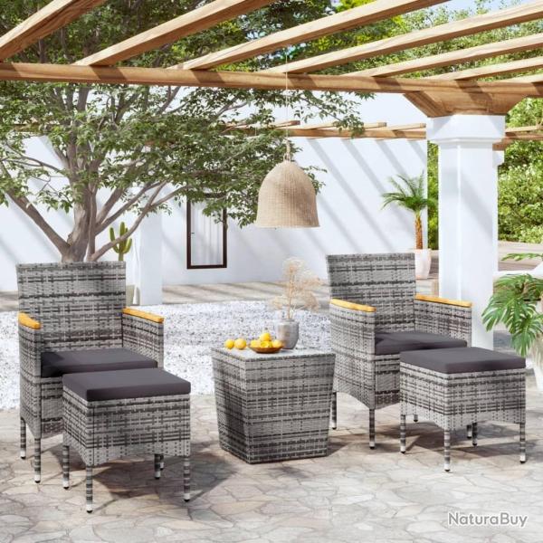 bistro jardin 5pcs R�sine tress�e verre tremp� Gris