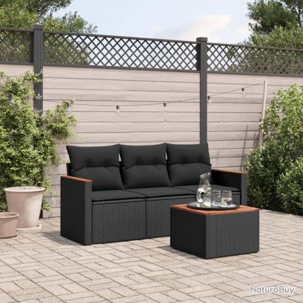 Salon de jardin 4 pcs avec coussins noir r�sine tress�e