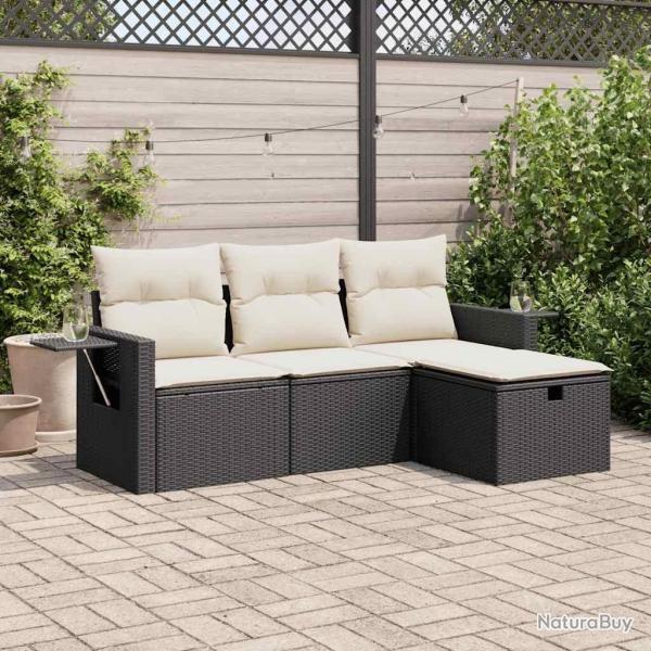 Salon de jardin 4 pcs avec coussins noir r�sine tress�e