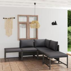 Salon de jardin 6 pcs avec coussins R&eacute;sine tress&eacute;e Gris