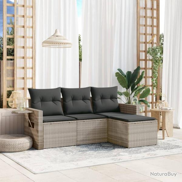Salon de jardin 4 pcs avec coussins gris clair r�sine tress�e