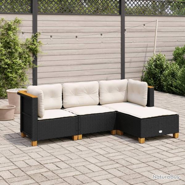 Salon de jardin 4 pcs avec coussins noir r�sine tress�e