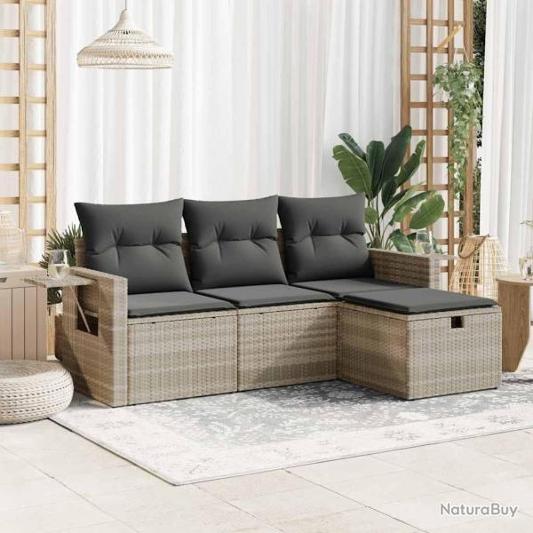 Salon de jardin 4 pcs avec coussins gris clair r�sine tress�e