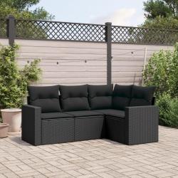 Salon de jardin 4 pcs avec coussins noir r&eacute;sine tress&eacute;e
