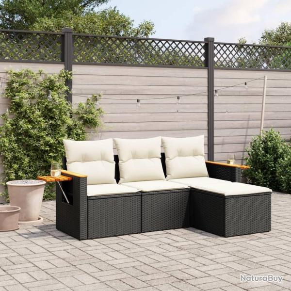 Salon de jardin 4 pcs avec coussins noir r�sine tress�e