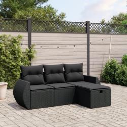 Salon de jardin 4 pcs avec coussins noir r&eacute;sine tress&eacute;e alsavelo