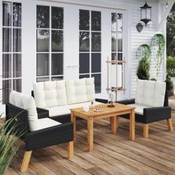 Salon de jardin 4 pcs et coussins R&eacute;sine tress&eacute;e et bois massif
