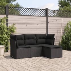 Salon de jardin 4 pcs avec coussins noir r&eacute;sine tress&eacute;e