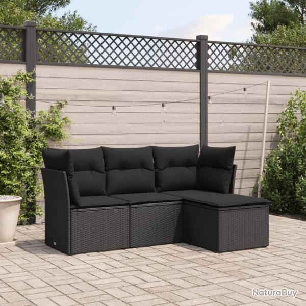 Salon de jardin 4 pcs avec coussins noir r�sine tress�e