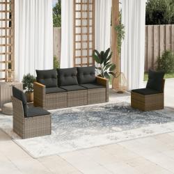 Salon de jardin 5 pcs avec coussins gris r&eacute;sine tress&eacute;e