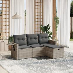 Salon de jardin 4 pcs avec coussins gris clair r&eacute;sine tress&eacute;e