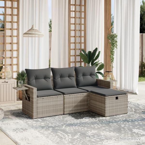 Salon de jardin 4 pcs avec coussins gris clair r�sine tress�e