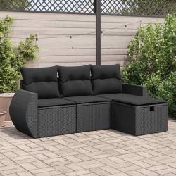 Salon de jardin 4 pcs avec coussins noir r&eacute;sine tress&eacute;e