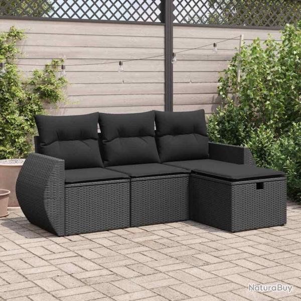 Salon de jardin 4 pcs avec coussins noir r�sine tress�e