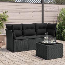 Salon de jardin 4 pcs avec coussins noir r&eacute;sine tress&eacute;e