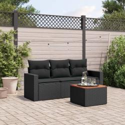 Salon de jardin 4 pcs avec coussins noir r&eacute;sine tress&eacute;e