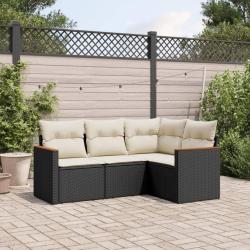 Salon de jardin 4 pcs avec coussins noir r&eacute;sine tress&eacute;e