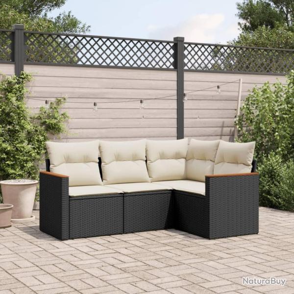 Salon de jardin 4 pcs avec coussins noir r�sine tress�e