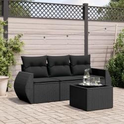 Salon de jardin 4 pcs avec coussins noir r&eacute;sine tress&eacute;e