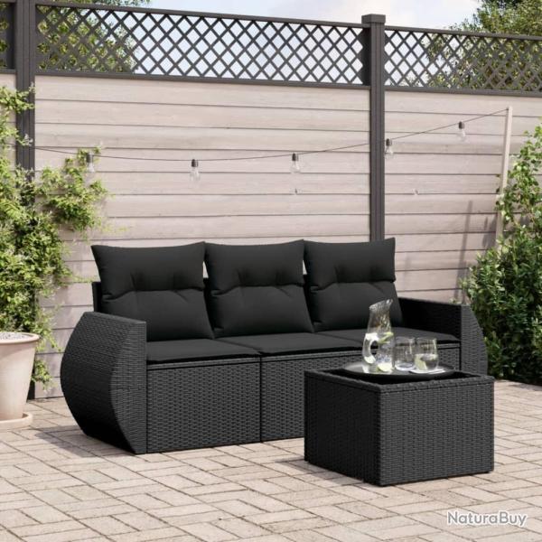 Salon de jardin 4 pcs avec coussins noir r�sine tress�e
