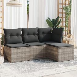 Salon de jardin 4 pcs avec coussins gris clair r&eacute;sine tress&eacute;e