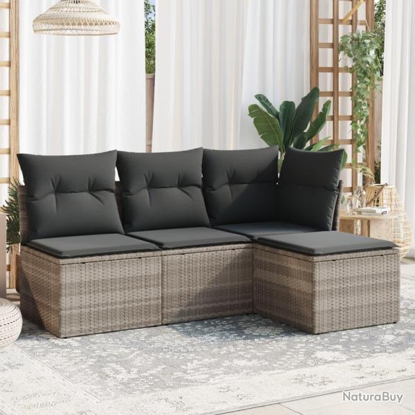 Salon de jardin 4 pcs avec coussins gris clair r�sine tress�e