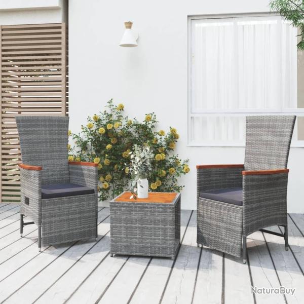 salon de jardin 3 pcs gris poly rotin et acacia