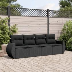 Salon de jardin 4 pcs avec coussins noir r&eacute;sine tress&eacute;e alsavelo