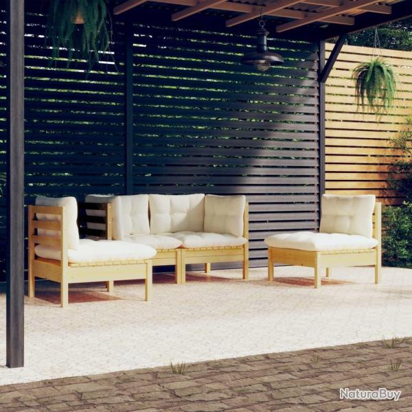 Salon de jardin 4 pcs avec coussins cr�me Bois de pin massif