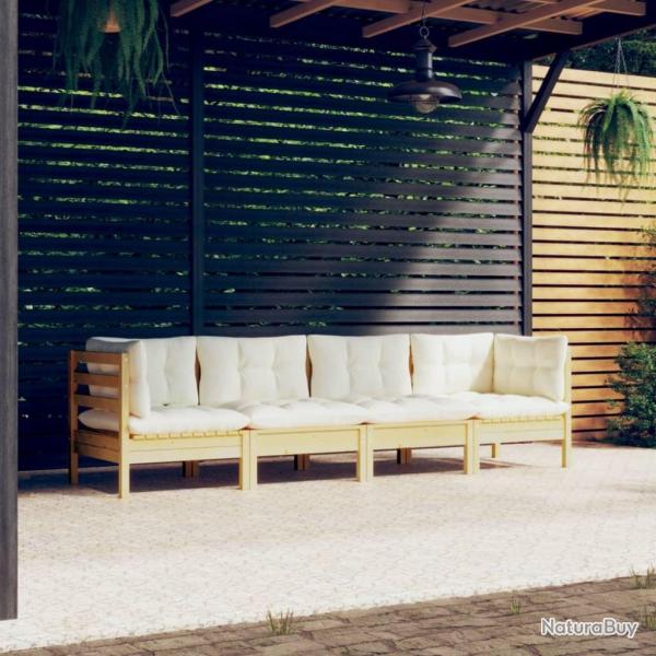 Salon de jardin 4 pcs avec coussins cr�me Bois de pin massif