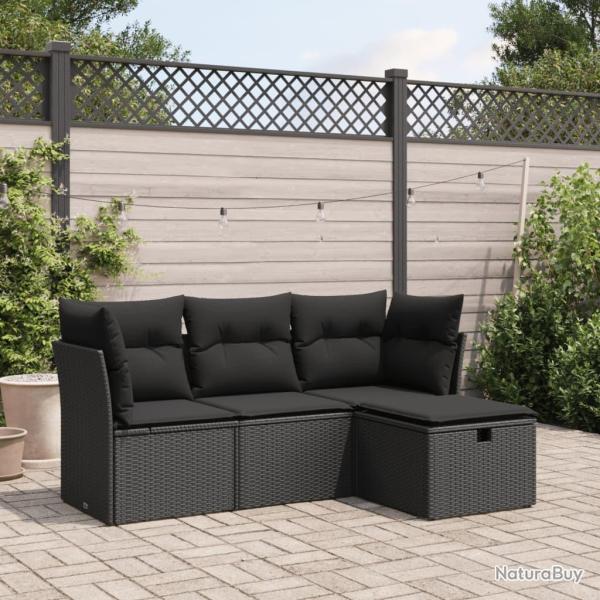 Salon de jardin 4 pcs avec coussins noir r�sine tress�e