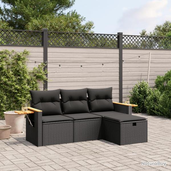 Salon de jardin 4 pcs avec coussins noir r�sine tress�e