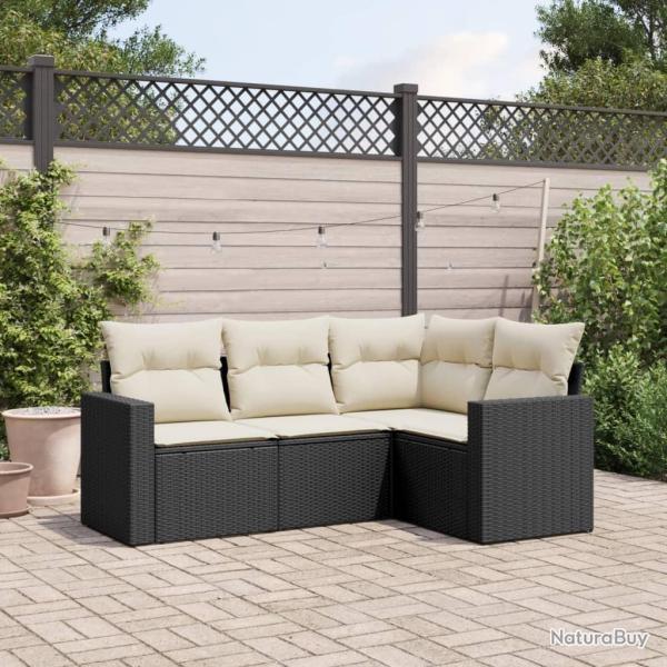 Salon de jardin 4 pcs avec coussins noir r�sine tress�e