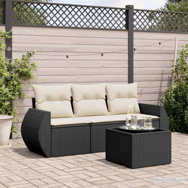 Salon de jardin 4 pcs avec coussins noir r�sine tress�e