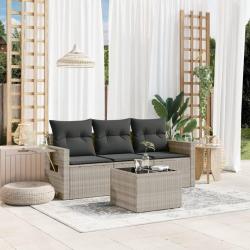 Salon de jardin 4 pcs avec coussins gris clair r&eacute;sine tress&eacute;e
