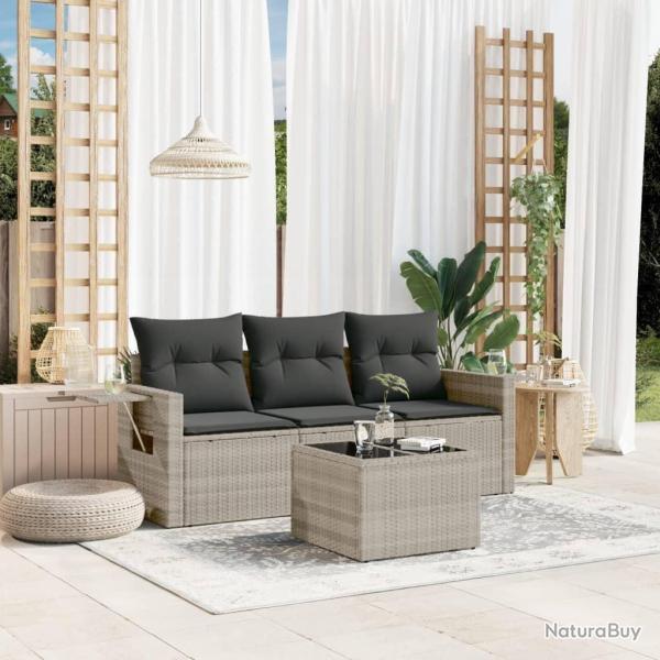Salon de jardin 4 pcs avec coussins gris clair r�sine tress�e