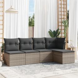 Salon de jardin 5 pcs avec coussins gris r&eacute;sine tress&eacute;e